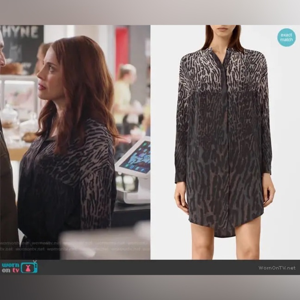 AllSaints Sanko Sinai Silk Shirt Dress Animal Print Leopard Print Black Grey 8 - Picture 5 of 9